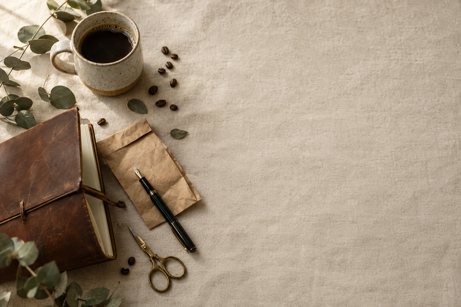 A calm morning workspace with a ceramic mug, leather notebook, brown kraft packaging and eucalyptus leaves on a linen surface.
