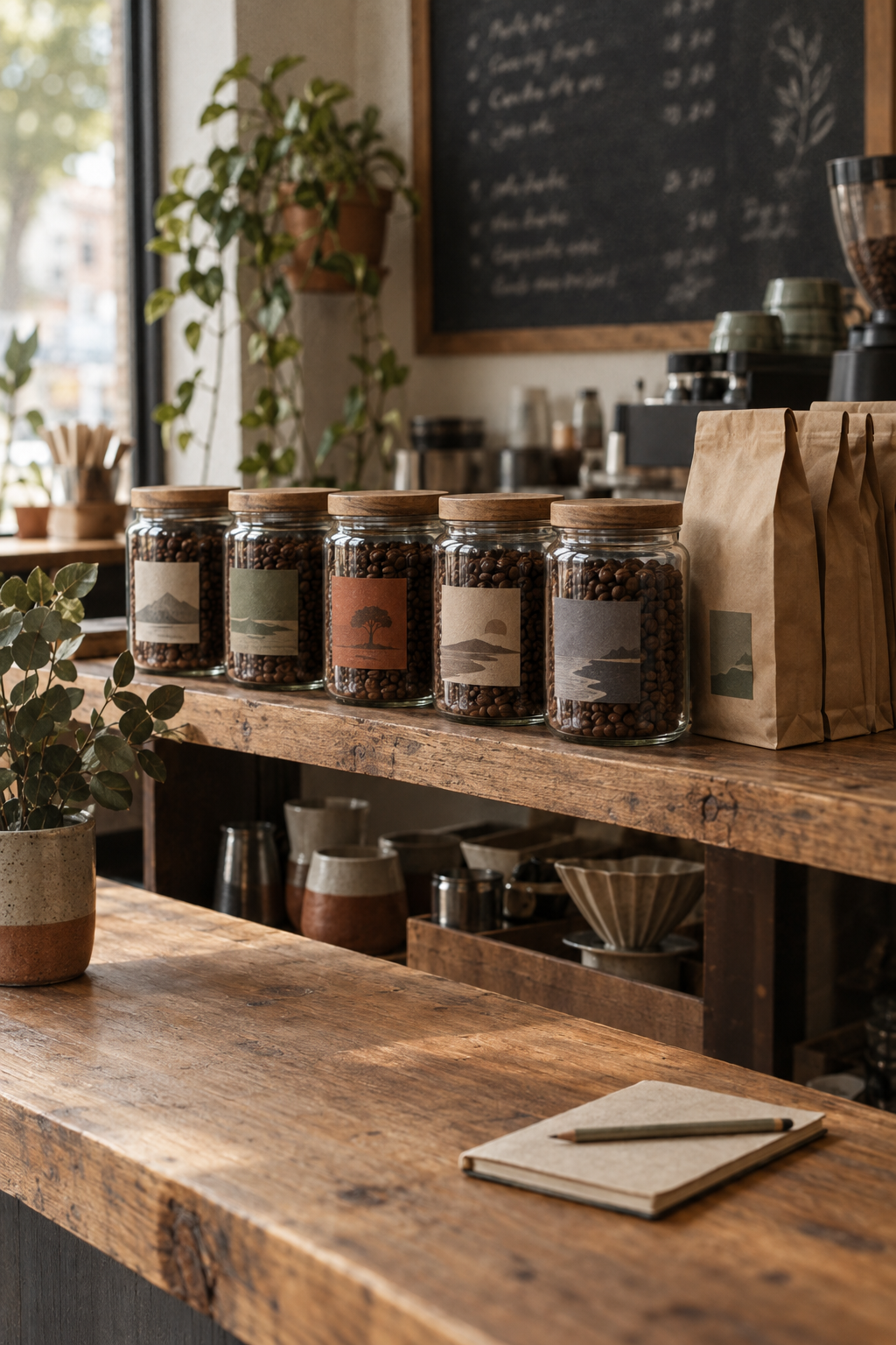 Small Australian cafe counter with labelled coffee jars, kraft paper bags and a chalk price board.