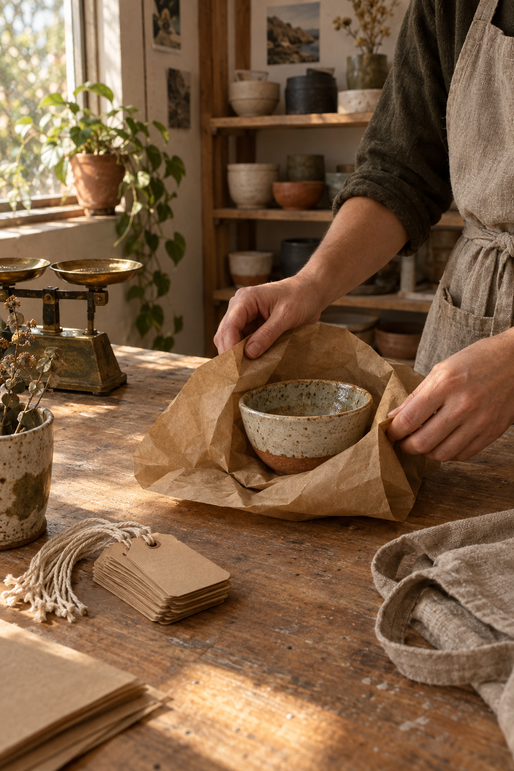 Hands wrapping a small handmade ceramic bowl in kraft paper on a timber workbench.